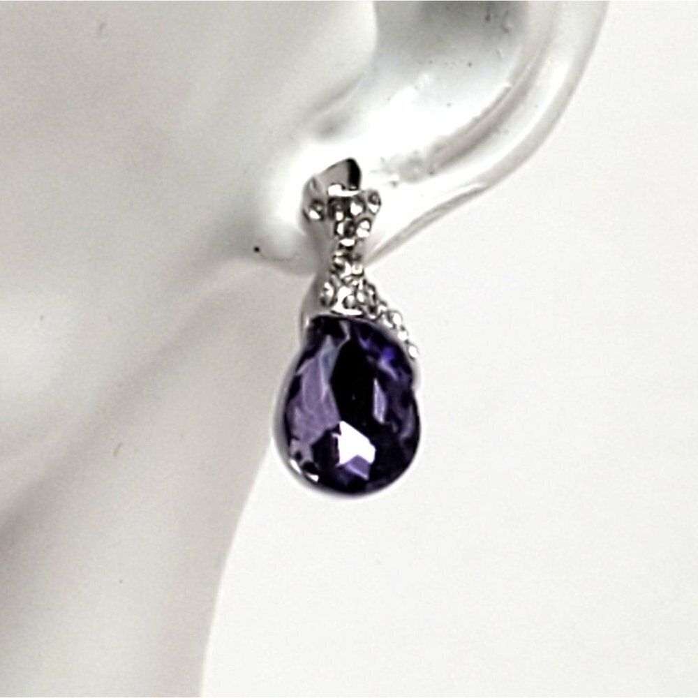 Amethyst Color Faceted Rhinestone Silver Statement Post Earring Necklace Set - Picture 3 of 8